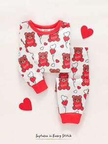 Cozy Pixies Baby Girl Snug Fit Pajama Set, Cartoon Bear & Heart Valentine's Day Pattern, Soft Knit Crew Neck Long Sleeve Top And Elastic Waist Long Pants, Red, Suitable For Loungewear - Red - View 8
