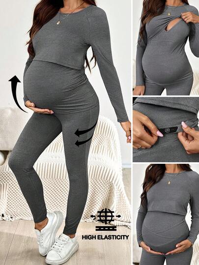 SHEIN 2件套哺乳套装：纯色简约圆领长袖上衣和长裤