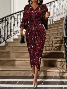 SHEIN Lady Plus Size Fashionable Party Faux Sequins Print Twist Waist Dress Sequin Women Dresses Maroon Dress Women Party Dress Elegant Long Sleeve Elegant Dress Luxury Dress For Women - Red - View 5