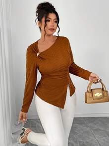 Elenzga 大码女式3D立体纹理高弹修身不对称领口金属装饰优雅T恤，适合下午茶、朋友聚会、新年派对等场合，棕色 - 棕色 - 查看 3