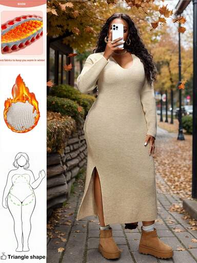 Truni Robe en tricot à manches longues grande taille, robe pull longue kaki pour l'automne/l'hiver, robe ample avec détail de fente en col V, pour la morphologie en forme de poire