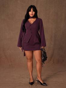 Rustia 大码女式休闲条纹外套和迷你裙两件套 - 酒紅色 - 查看 6