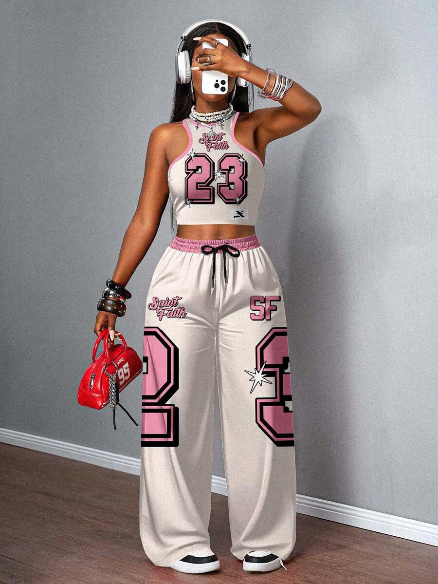 Slaydiva 浅黄色套装/女士外出套装/女士休闲街头风吊带背心和宽松长裤两件套/Y2K服装/街头服饰/女士两件套/返校季/休闲街头风/嘻哈套装/NO.23&SAINT FAITH图案 - 彩色 - 查看 1