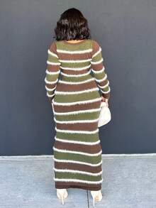 Alexandranx Nuevo vestido midi ajustado con tirantes de estilo vintage a rayas en contraste de color verde y café, versátil desde principios de otoño hasta el profundo invierno - Café integral - Ver 3