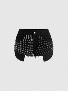 ROMWE Grunge Punk Y2K Punk Rivet Design Distressed Super Low Waist Skinny Women Denim Shorts - Black - View 1