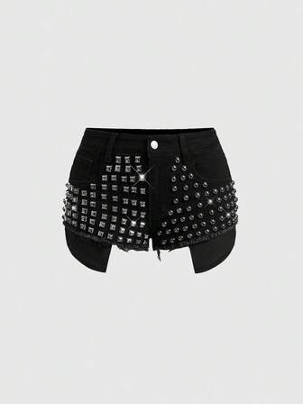 Grunge Punk Short en jean skinny taille très basse femme, design déchiré avec rivets, style punk Y2K
