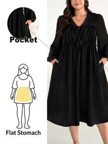SHEIN Essnce Plus-Size Women's Autumn/Winter Fashionable Casual Loose Comfortable Everyday Versatile Black Slimming Tie-Waist Midi Dress With Pockets,Fall Outfits,Black Dress,Church Costumes - Black - View 4