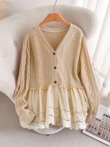 CosyJoli Plus Size Casual Open Front Cable Knit Patchwork Lace Trim Cardigan Sweater Clothes For Women Spring Fall/Winter - Apricot - View 7