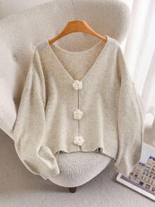 SHEIN Cosyjoi Áo len chui đầu họa tiết hoa jacquard cổ chữ V rộng rãi cỡ lớn thời trang thu đông cho nữ - Màu be - Xem 4