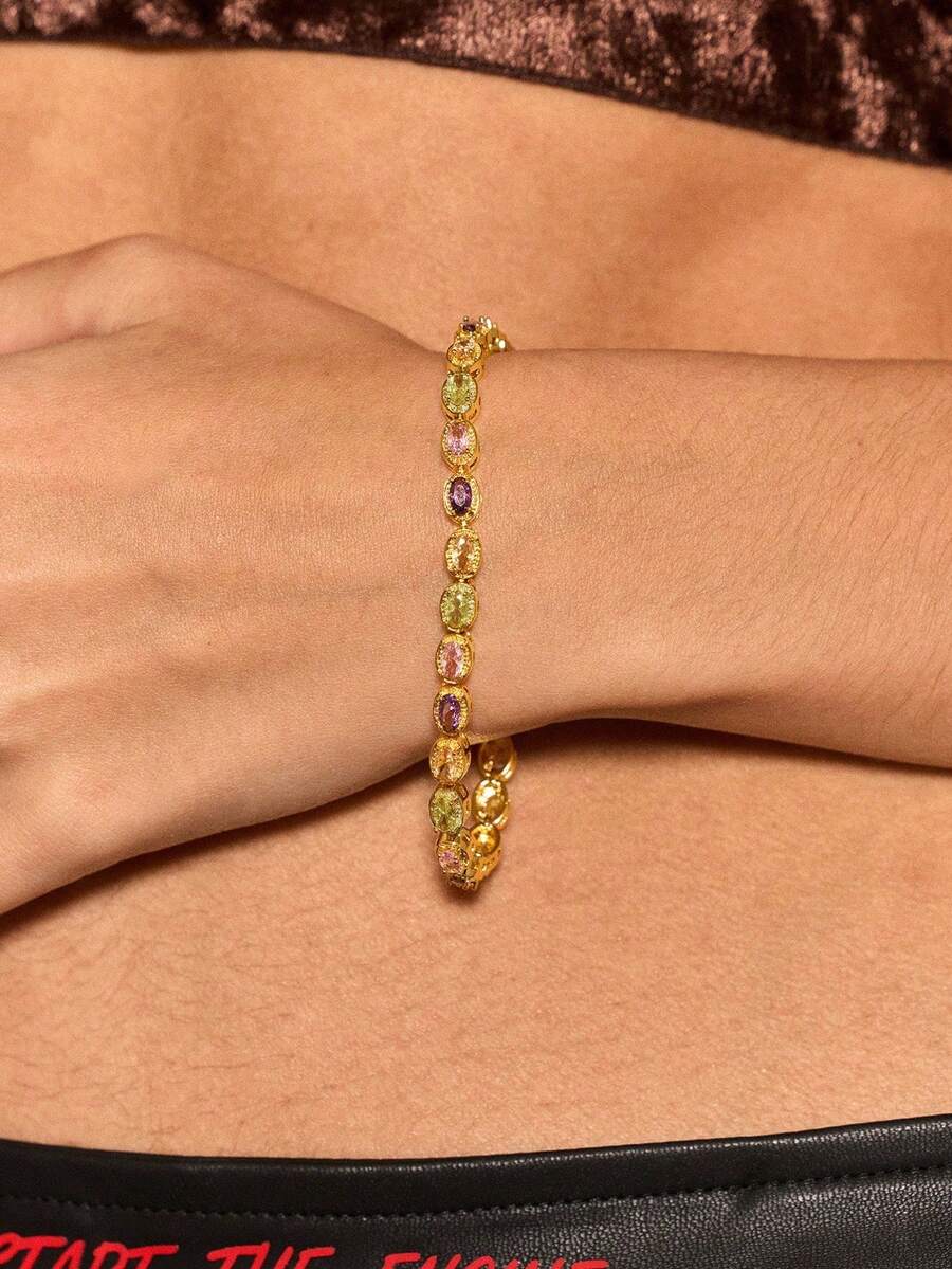 Glisma Vòng tay mạ vàng 18K đính đá Cubic Zirconia nhiều màu sắc, hình bầu dục bất đối xứng, kiểu dáng thanh lịch, sang trọng, phù hợp với nhiều trang phục, chất liệu kim loại/có họa tiết, thích hợp cho mùa thu/đông, cao cấp, dành cho mẹ, phong cách cổ điển, vàng, đá quý. - Nhiều màu - Xem 1