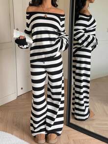 SHEIN EZwear 黑白条纹露肩长袖毛衣和针织裤休闲两件套女装 - 黑與白 - 查看 5