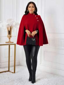 SHEIN Lady 女士休闲宽松斗篷式羊毛混纺大衣，简约商务秋冬女装 - 紅色 - 查看 5