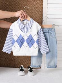 SHEIN Conjunto de sudadera con estampado de argyle y rayas patchwork, y pantalones de mezclilla degradada para bebé niño - Multicolor - Ver 1