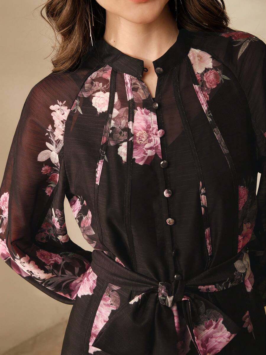 春季、夏季、优雅、度假、约会之夜、花卉图案 Anewsta 女士度假花卉印花灯笼袖优雅连衣裙 - 黑色 - 查看 1