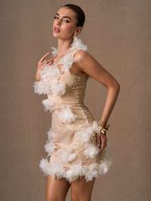 SHEIN BAE 亮片3D立体花卉装饰派对礼服 - 杏色 - 查看 4