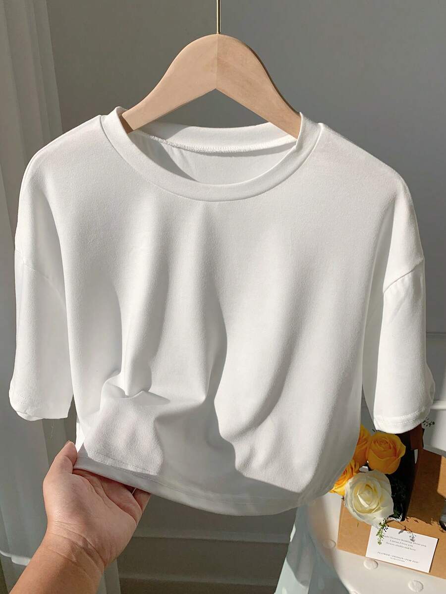 SHEIN EZwear Solid Drop Shoulder Tee - White - View 1