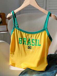 Comfortcana Brazil Flag Print Sleeveless Tank Top With Sports Team Design - Yellow - View 4
