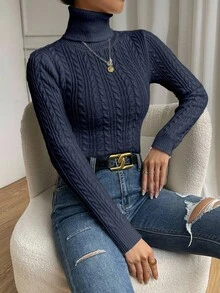 Chiquease 女士秋冬季绞花针织高领长袖修身休闲套头毛衣 - 藏蓝色 - 查看 4