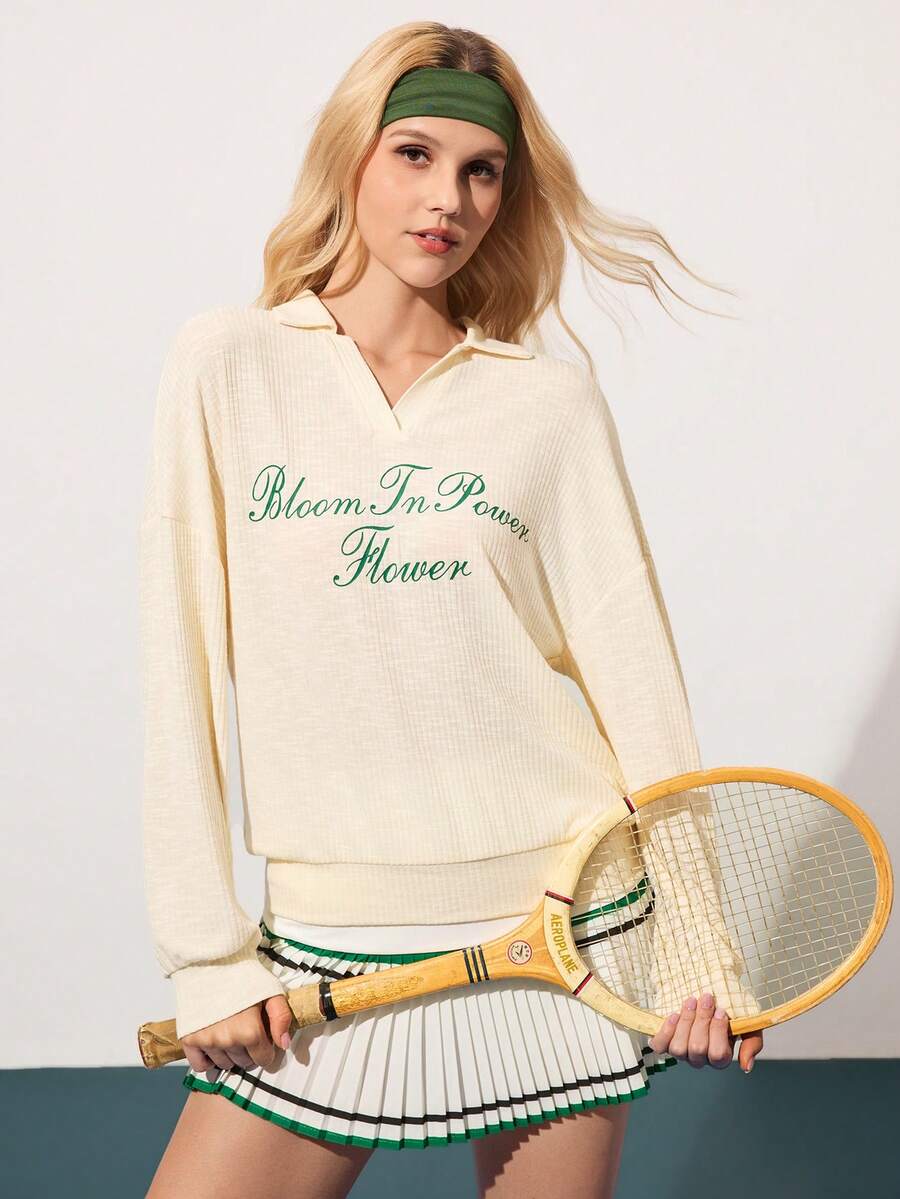 CourtClass 休闲百搭杏色柔软舒适英伦印花V领Polo衫 - 杏色 - 查看 1