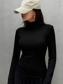 DAZY Áo thun dài tay cổ cao màu trơn dành cho nữ, có lớp lót giữ nhiệt, ấm áp cho mùa thu/đông. - màu đen - Xem 3