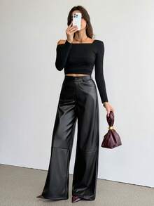 SHEIN Tall Women's Leather Women Pants Plain Front-Button Minimalist Casual Pants, Daily Wear,Women Bottoms - Black - View 7