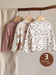 LMoss Kids 3件套女婴针织可爱小熊水果图案荷叶边领休闲上衣套装 - 彩色 - 查看 3