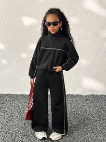 Coolane Kids Tween Girl Fall /Winter, Streetwear Basic Back To School 2pcs Set Zip Front Long Sleeve Hoodie And Drawstring Waist Pants Casual Suit, Christmas,New Year ,Thanksgiving - Black - View 2