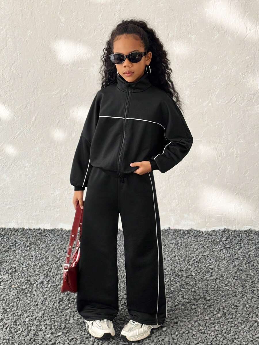 Coolane Kids 青少年女孩秋冬街头基本款开学季两件套拉链长袖连帽衫和抽绳腰裤休闲套装，万圣节圣诞节 - 黑色 - 查看 1