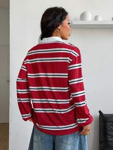 Coolane 夏季极简街头风 Y2K 条纹图案运动红白宽松长袖 Polo 衫，红色上衣 - 紅色 - 查看 6