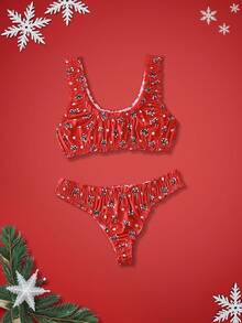 Notgurli 2 Stücke Weihnachts-Rüschen-Trim Allover-Muster süßer Weihnachts-Muster Lingerie-Set - BH und Slip für Frauen - Rot - Übersicht 1
