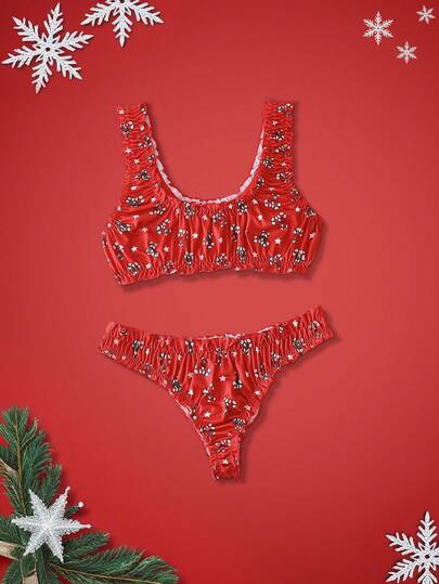 2 件圣诞荷叶边全印花可爱圣诞印花内衣套装 - 女士文胸和内裤
