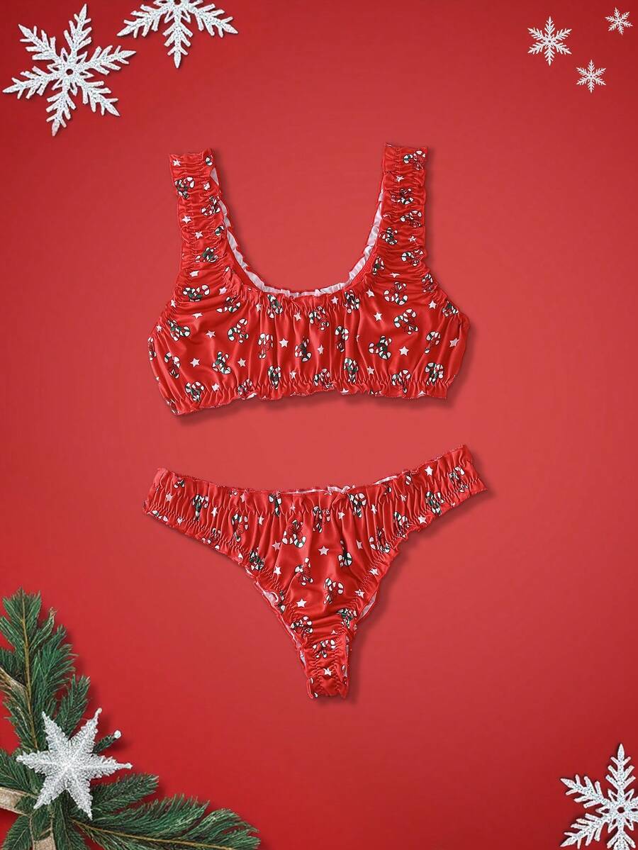 Notgurli 2 Stücke Weihnachts-Rüschen-Trim Allover-Muster süßer Weihnachts-Muster Lingerie-Set - BH und Slip für Frauen - Rot - Übersicht 1