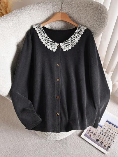 CosyJoli 大码休闲蕾丝边华夫格纹理混纺开襟长袖T恤
