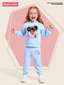 SHEIN 2pcs Young Girl Cute Graphics Print Hoodie Sweatshirt And Sweatpants Set - Baby Blue - View 5
