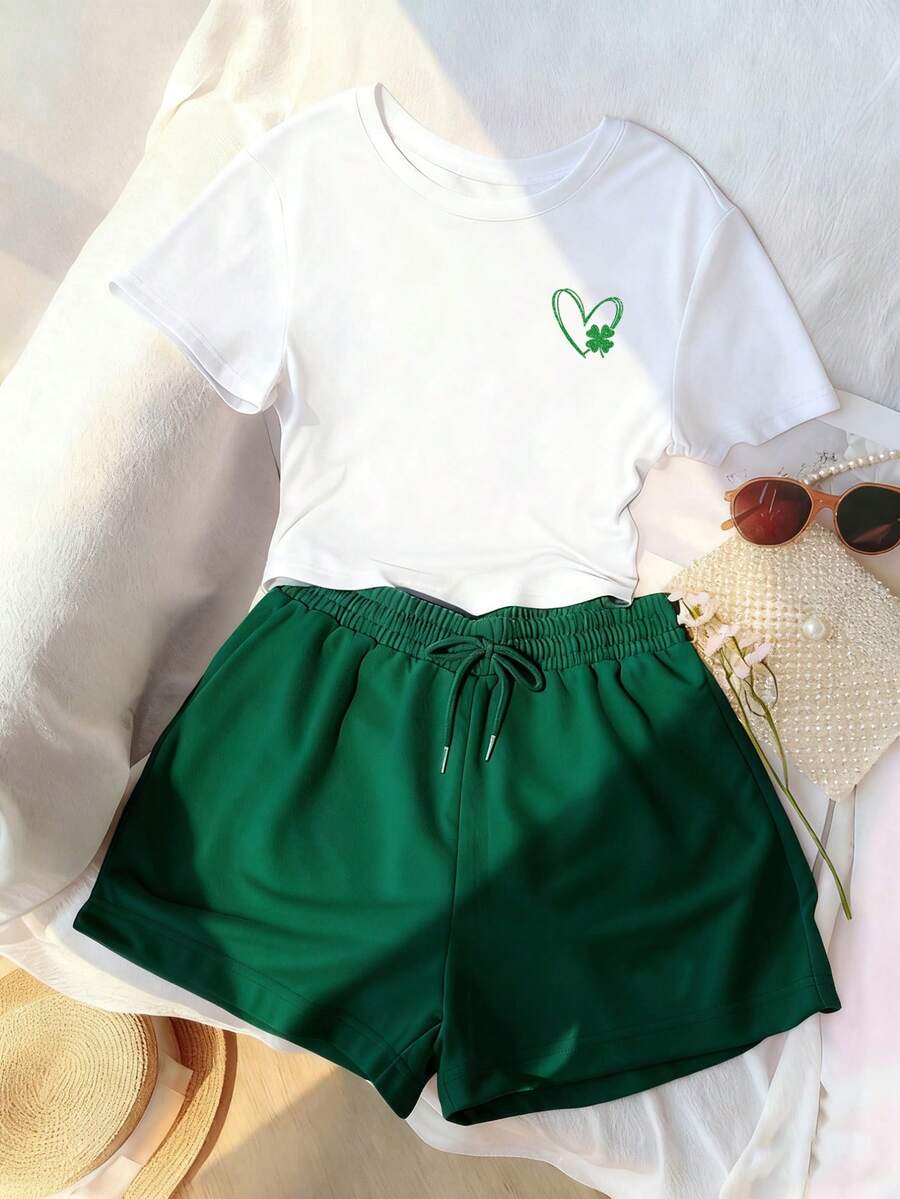 Resyla Women's Four-Leaf Clover And Heart Print T-Shirt And Shorts Set, St. Patrick's Day Set - Multicolor - View 1