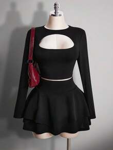 SHEIN ICON 大码女装 Y2K 镂空性感针织上衣，双层蛋糕裙 - 黑色 - 查看 1