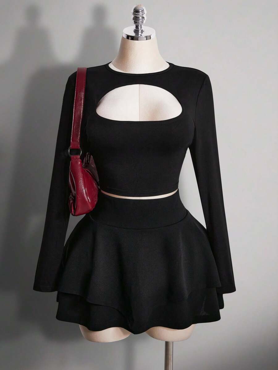 SHEIN ICON 大码女装 Y2K 镂空性感针织上衣，双层蛋糕裙 - 黑色 - 查看 1