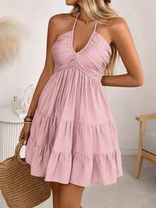 EMERY ROSE 女士春夏单竹结亚麻度假沙滩连衣裙，波西米亚西部风褶皱胸部多层蛋糕裙A字露背可调节挂脖蝴蝶结连衣裙 - 淺粉色 - 查看 3