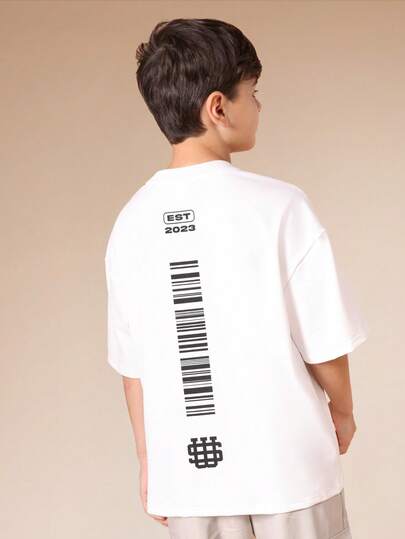 SUMWON Oversized Graphic T-Shirt With Barcode Print And EST 2023 Logo For Casual Streetwear Look