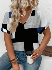 EMERY ROSE Nueva llegada Bloque de color geométrico Cuello en V Manga corta Talla grande Mujeres Camiseta estampada digital, Primavera/Verano - Multicolor - Ver 4