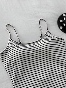 Comfortcana Ladies' Striped Printed Sleeveless Bodysuit For Summer - Black and White - View 7