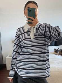Livesso 女士高领荷叶边条纹T恤，秋冬长袖 - 藍色 - 查看 6