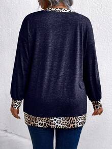 Tricou de damă cu imprimeu leopard, decolteu în V, mânecă lungă, lejer, tip tricou, mărime plus, model regulat, imprimeu cu ghepard, topuri pentru primăvară