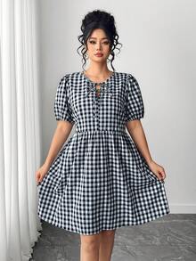 Elenzga Women's Casual Elegant Bubble Sleeve Bow Tie Midi Dress - Multicolor - View 4