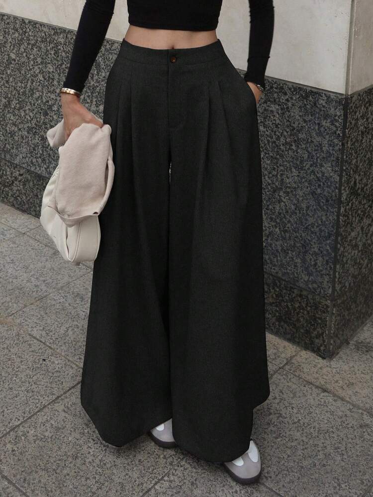 Women's Loose Fit Wide Leg Pants With Pockets And Elastic Waist, Solid Color