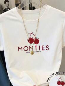 Resyla Women's Cherry Print Round Neck Short Sleeve Casual T-Shirt - White - View 3