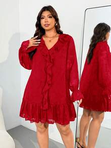 Enliva 大码女式长袖宽松连衣裙，激光切割面料细节，情人节，爱，礼物，浪漫，情人节快乐，2026新年休闲场合及情人节服装，适合苹果型和圆润身材 - 紅色 - 查看 5