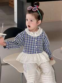 DAZY Toddler Girls' Lace Plaid Ruffle Trim Long Sleeve Blouse, Spring/Autumn