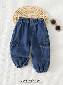 Cozy Pixies Baby Boy Decorative Pocket Elastic Waist Cuffed Jeans, Versatile & Comfortable
