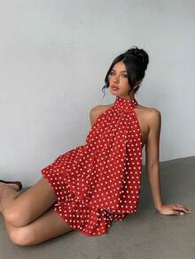 Aloruh Women's Elegant Polka Dot Print Halter Backless Mini Dress - Red - View 5